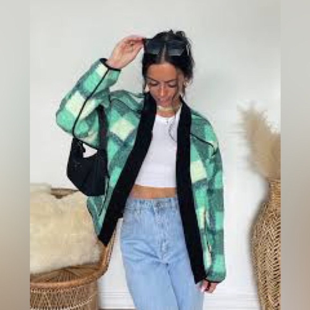 Highland Park Textured Plaid Sherpa Jacket Green Black Trim Streetwear Grunge L